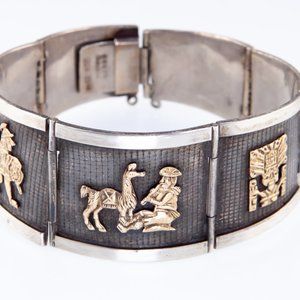 Gorgeous Antiqued Sterling Silver and 18k Gold Peruvian Bracelet